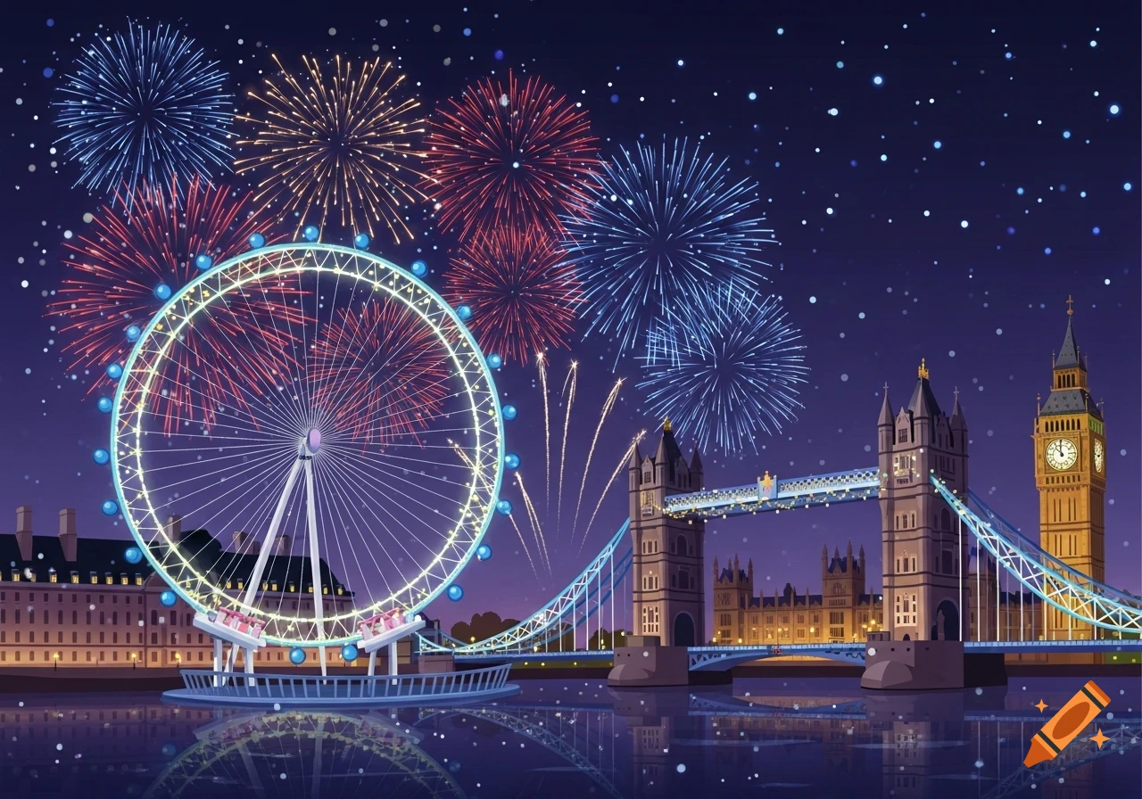 Cartoony illustration of London on New Year's Eve with the glowing London Eye, Tower Bridge, and Big Ben under colorful fireworks reflected in water.