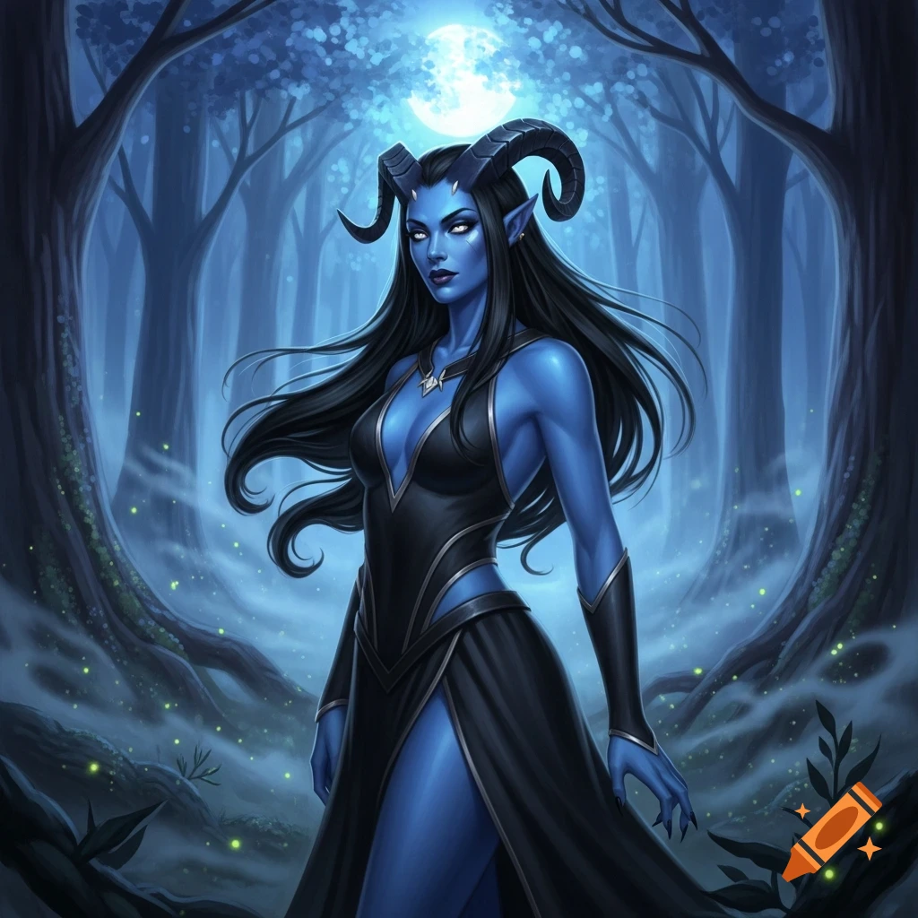 Blue-skinned female tiefling with black horns and long black hair ...