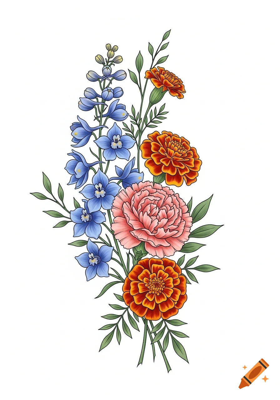 Detailed illustration of a bouquet with blue larkspur, orange marigolds, and a pink carnation on a white background.