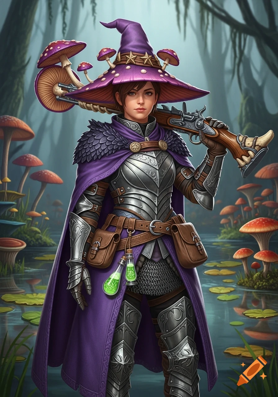 A female fantasy warrior in scale armor, a purple mushroom hat, and cape, holding a musket, standing in a swamp filled with mushrooms. Rendered in a game art style.