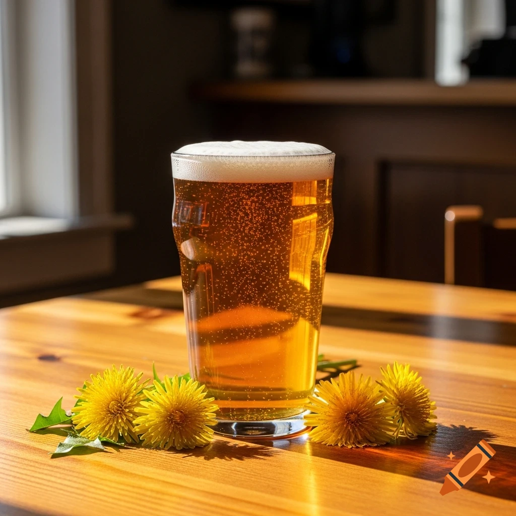 A close-up shot of a pint glass of foamy beer with dandelions scattered around its base, sitting on a sunlit wooden table.
