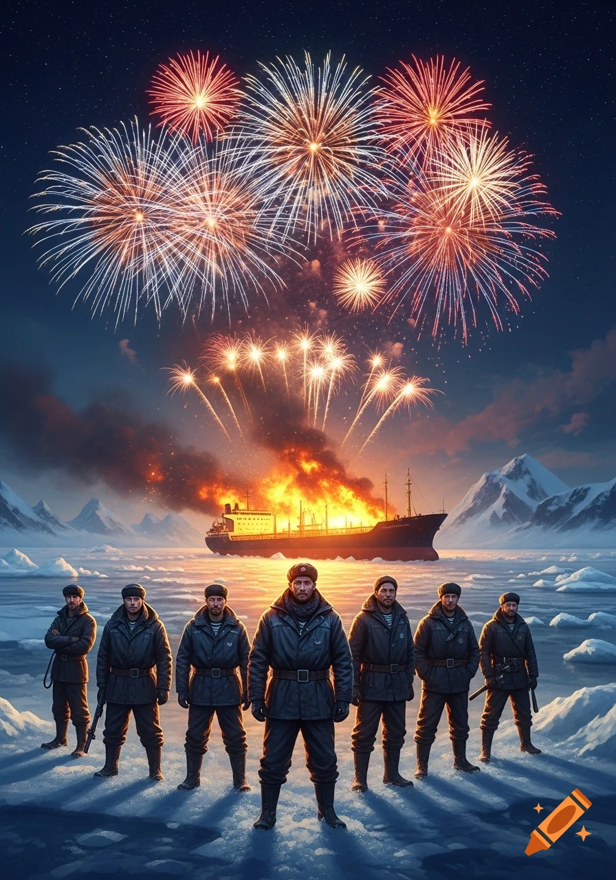 Seven sailors stand on ice with a burning oil tanker and exploding fireworks behind them in the Arctic.