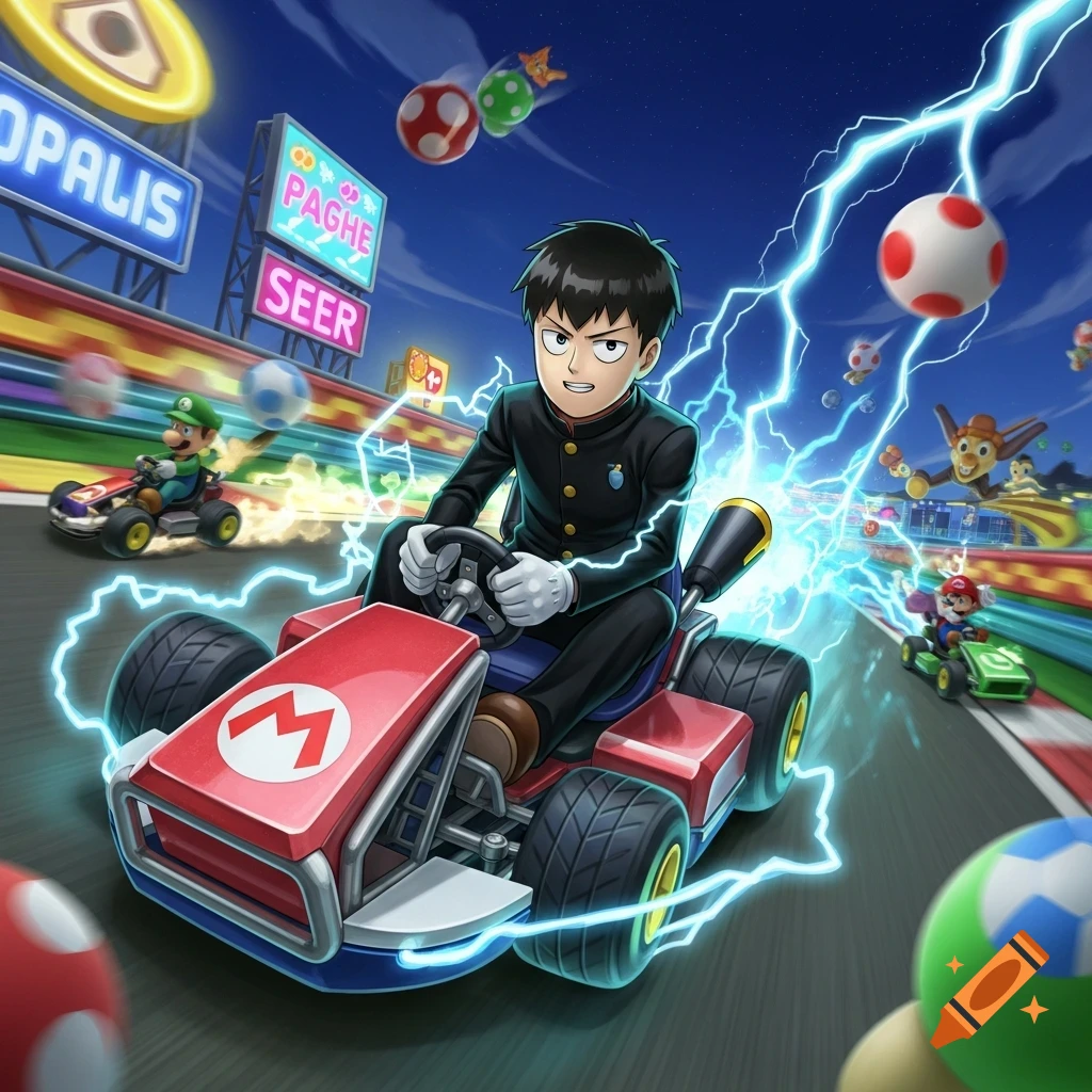 Shigeo Kageyama from Mob Psycho 100 drives a red Mario Kart, surrounded by lightning, racing against Luigi and Mario on a vibrant track with floating power-ups.