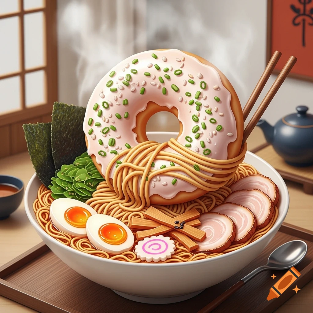 A large pink frosted donut with green sprinkles sits in a ramen bowl with noodles, eggs, pork slices, seaweed, and chopsticks.