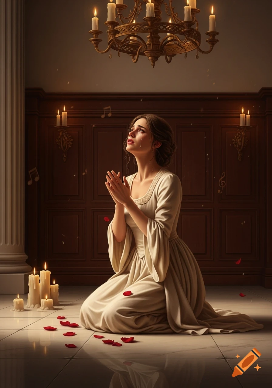 A woman in a cream dress kneels, hands clasped, crying in a dimly lit room with candles, a chandelier, and scattered red rose petals.