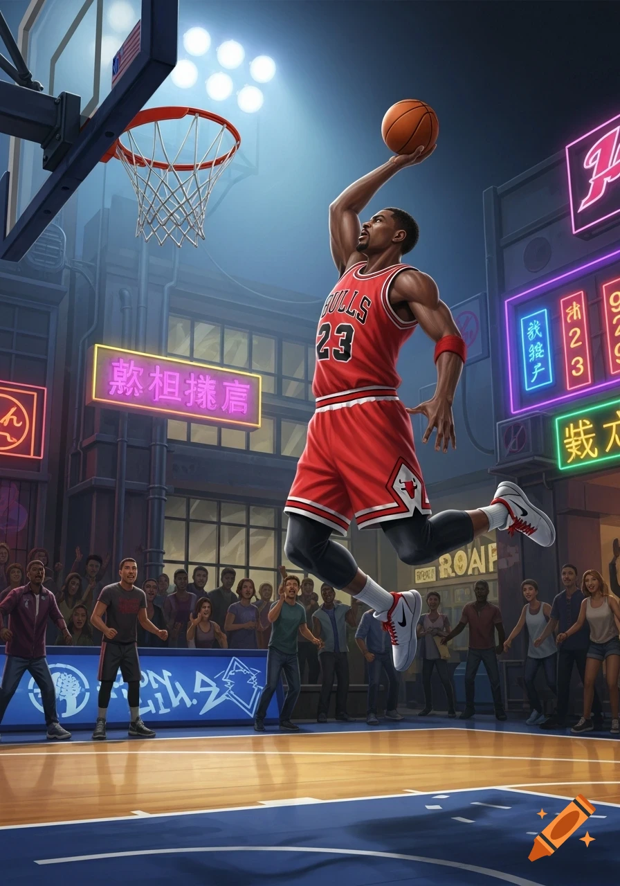 A vibrant digital art illustration of a muscular basketball player in a red jersey, number 23, soaring for a dunk on a court with a neon-lit urban background.