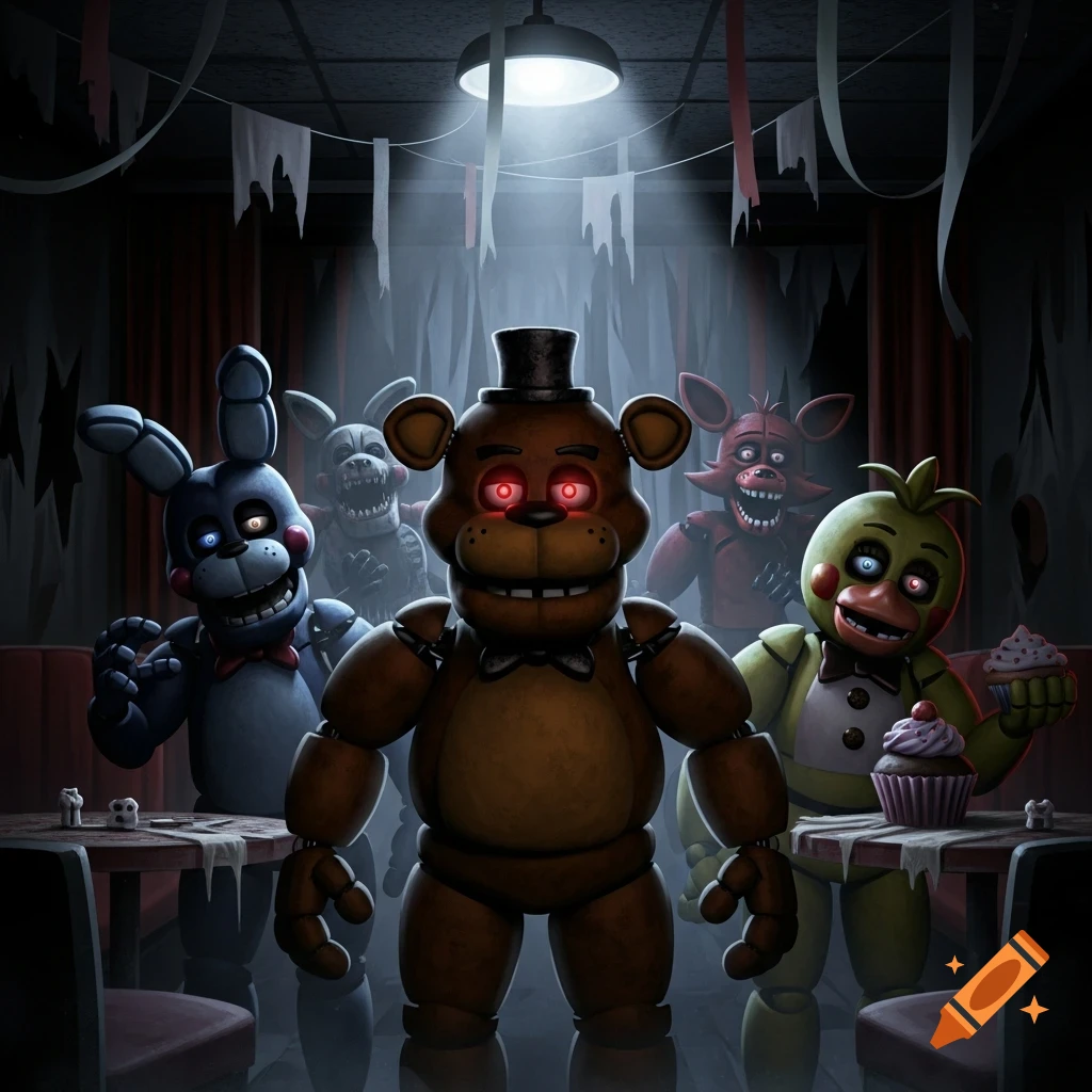 Five Nights at Freddy's animatronics Freddy, Bonnie, Foxy, Chica, and Mangle stand in a dark, run-down restaurant with glowing red eyes.