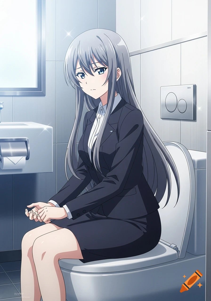 An anime woman with long gray hair in a black suit sits on a closed toilet in a modern restroom, looking nervous but composed.