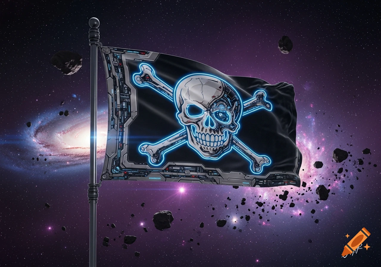 A glowing neon blue and silver cybernetic skull and crossbones on a black flag waves on a pole against a starry galaxy background with asteroids.