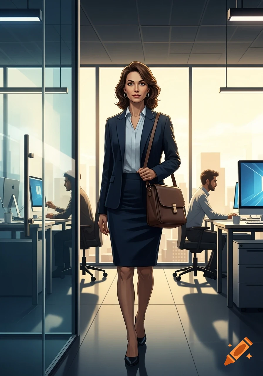 A professional woman in a dark business suit walks through a modern office, with glass walls and co-workers in the background.