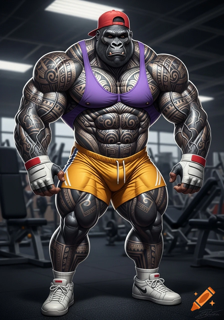 A muscular, tattooed anthropomorphic gorilla wearing a red cap, purple tank top, and yellow shorts, standing in a gym.