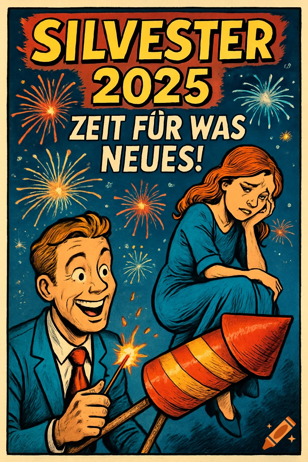 Comic art of a smiling man lighting a firework rocket as a sad woman sits on it, with text 'SILVESTER 2025 ZEIT FÜR WAS NEUES!' and fireworks in the background.