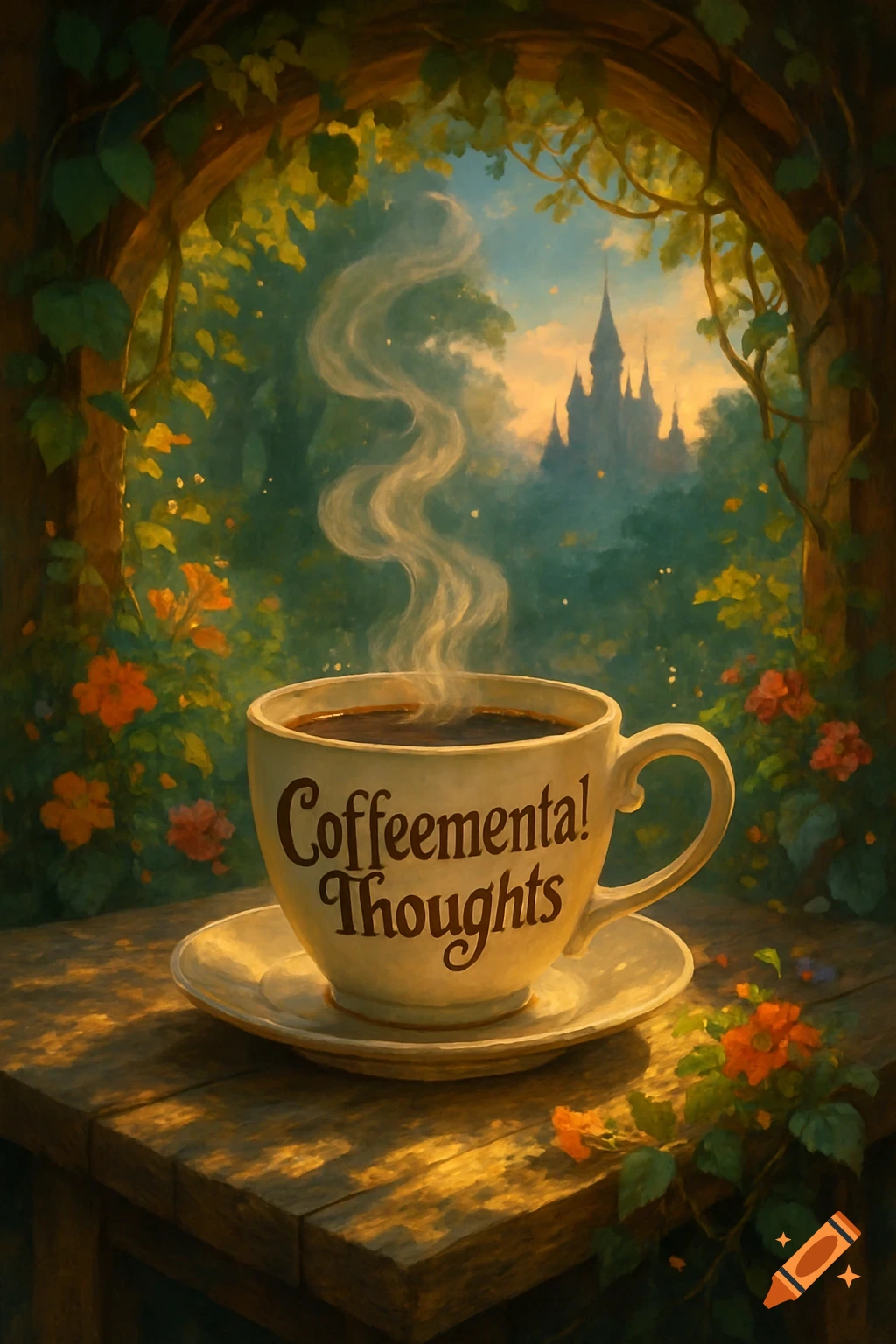 A steaming coffee cup with 'Coffeemental! Thoughts' on a wooden table in an enchanted garden with a fairytale castle in the background.