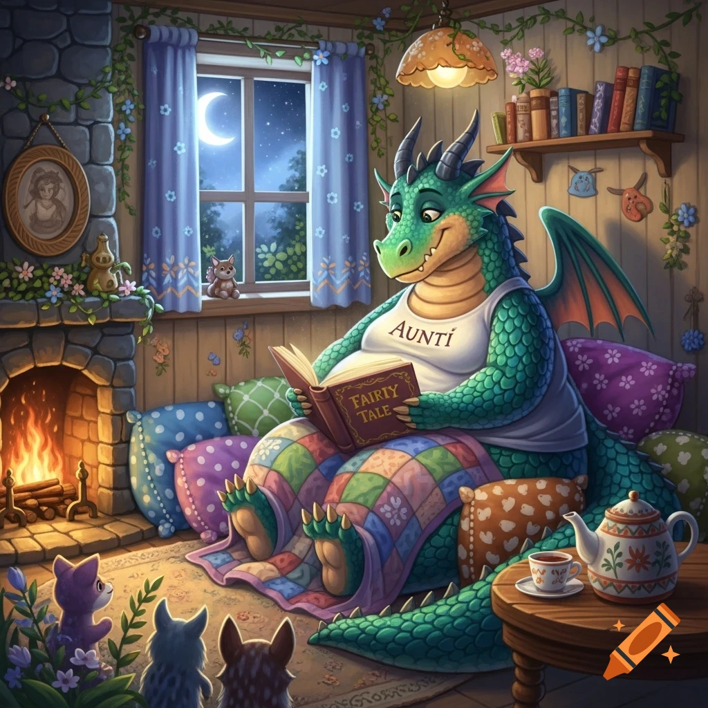A friendly green dragon wearing an "AUNTÍ" shirt and quilt reads a "FAIRY TALE" book by a cozy fireplace to small animal creatures in a moonlit room.