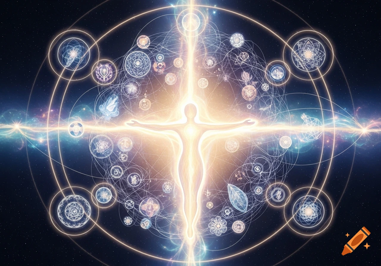 A glowing ethereal human-like figure with outstretched arms, surrounded by intricate cosmic lines and symbols against a starry background.