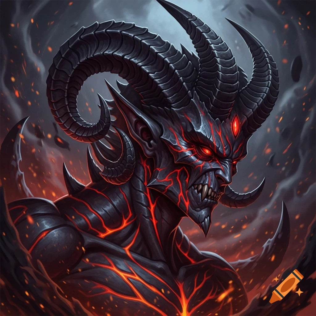 Close-up of a demonic creature with large dark horns, glowing red eyes ...