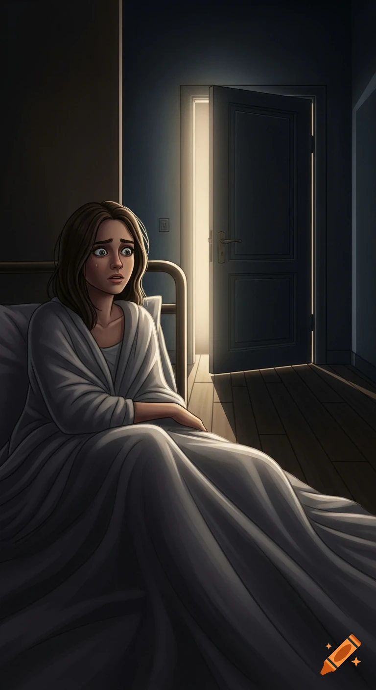 A worried woman sits in bed, looking at a bright hallway light through an open door, in a realistic cartoon style.