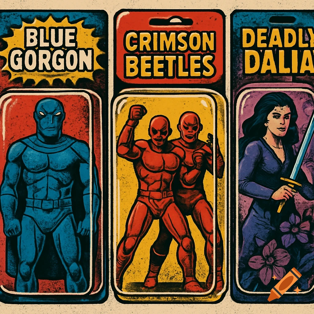 Three action figures in blister packaging: Blue Gorgon, Crimson Beetles, and Deadly Dalia, in a retro comic art style.