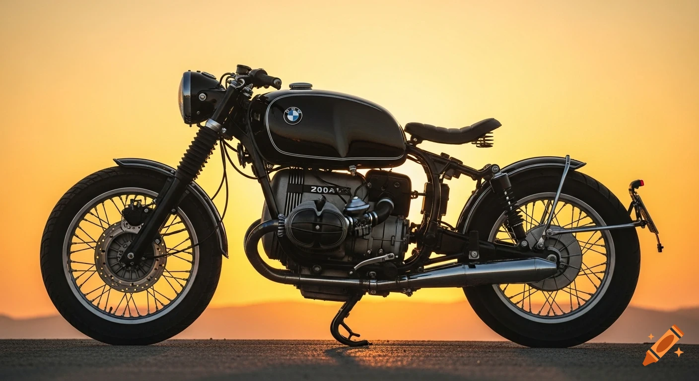 A black BMW Bobber motorcycle parked on a road at sunset, with a vibrant orange sky in the background.