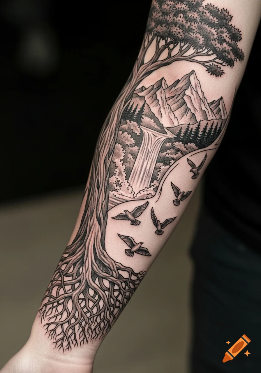 Detailed black and grey forearm tattoo with tree roots, trunk, mountains, waterfall, and four birds flying upward.