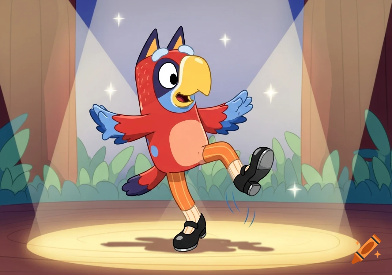 Bluey Heeler dressed in a red parrot costume with a yellow beak, orange tights, and black tap shoes, tap dancing on a stage under spotlights.