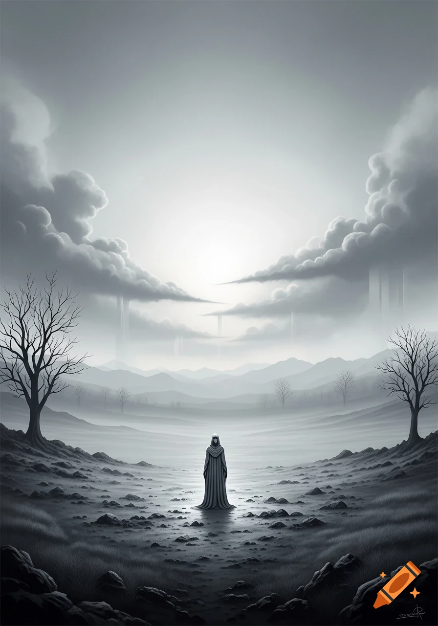 A solitary hooded figure stands amidst a vast, misty grayscale landscape with bare trees and distant mountains under a cloudy sky.
