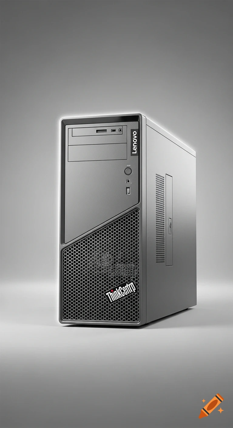 A photorealistic upright portrait of a grey Lenovo ThinkCentre desktop computer tower at a 45-degree angle, with a glowing halo effect around it against a neutral background.