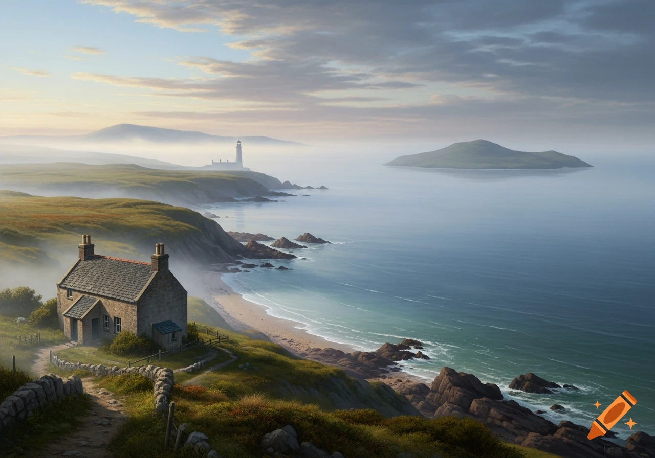 A painted coastal landscape with a stone cottage, a lighthouse, and a misty island in the sea.