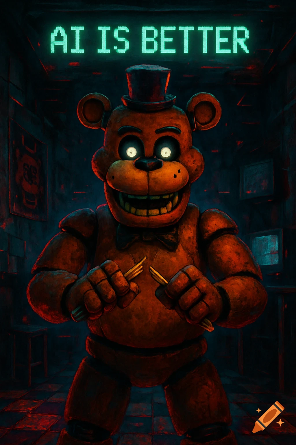 Freddy Fazbear animatronic breaking a pencil beneath a green neon 'AI IS BETTER' sign, dark digital art.