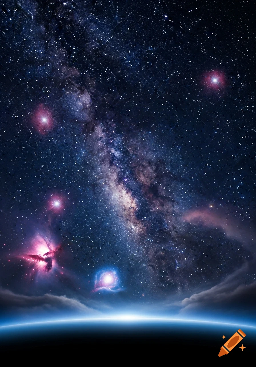 A breathtaking view of the Milky Way galaxy, filled with countless stars, colorful nebulae, and a bright blue horizon line of a planet.