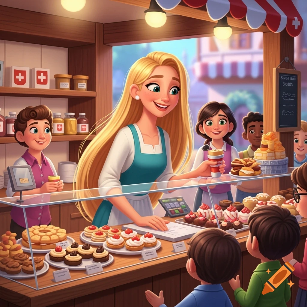 A blonde woman in an apron smiles while serving customers at a bustling Swiss bakery kiosk filled with pastries and baked goods, in a Pixar style.