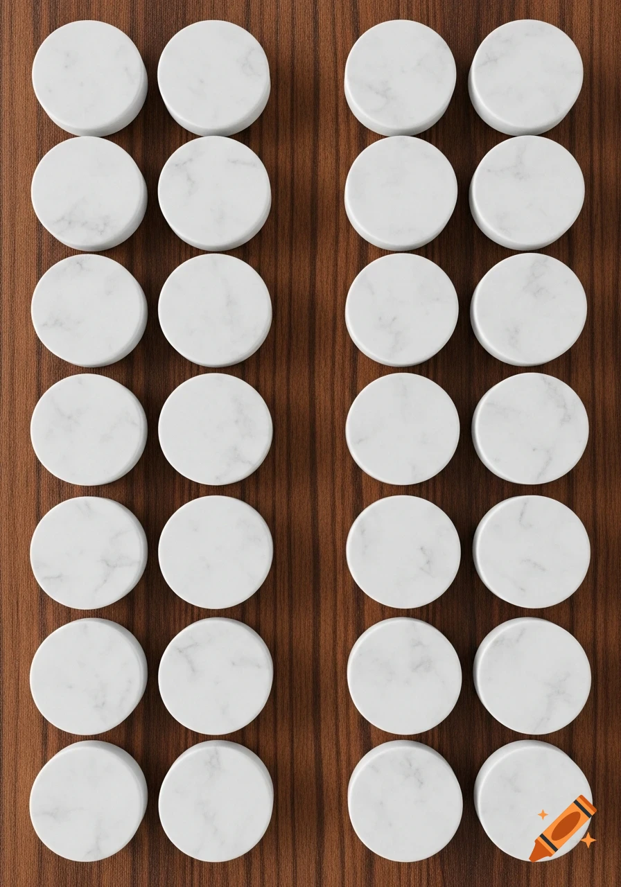 White marble game pieces arranged in two columns on a wooden game board.