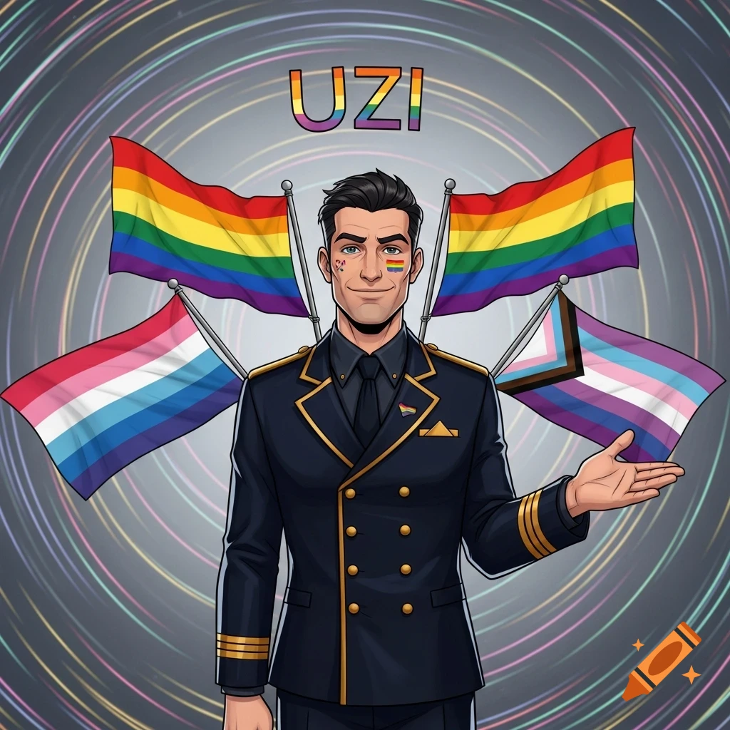 A smiling cartoon man in a navy uniform stands surrounded by rainbow, transgender, and other pride flags, with "UZI" above.