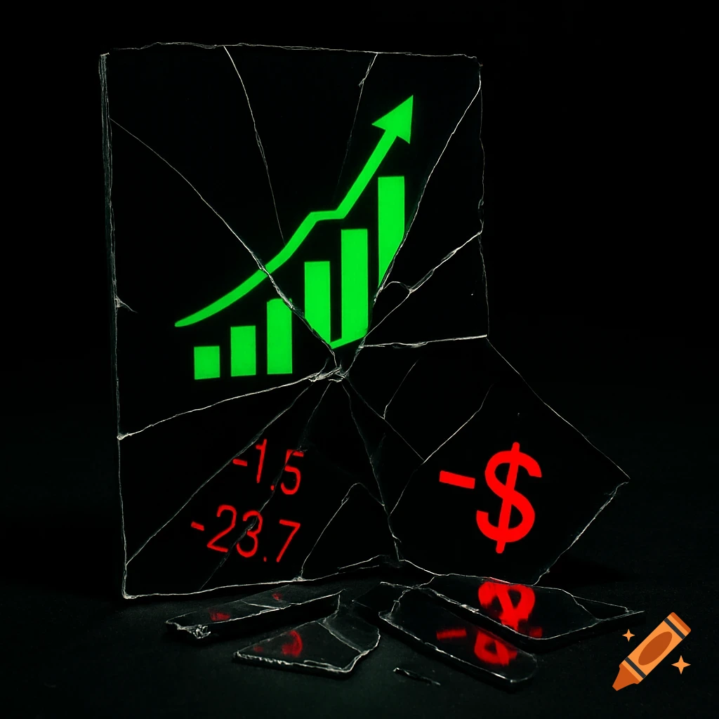 A shattered mirror reflects a green rising bar graph and red negative numbers and a dollar sign on a dark background.