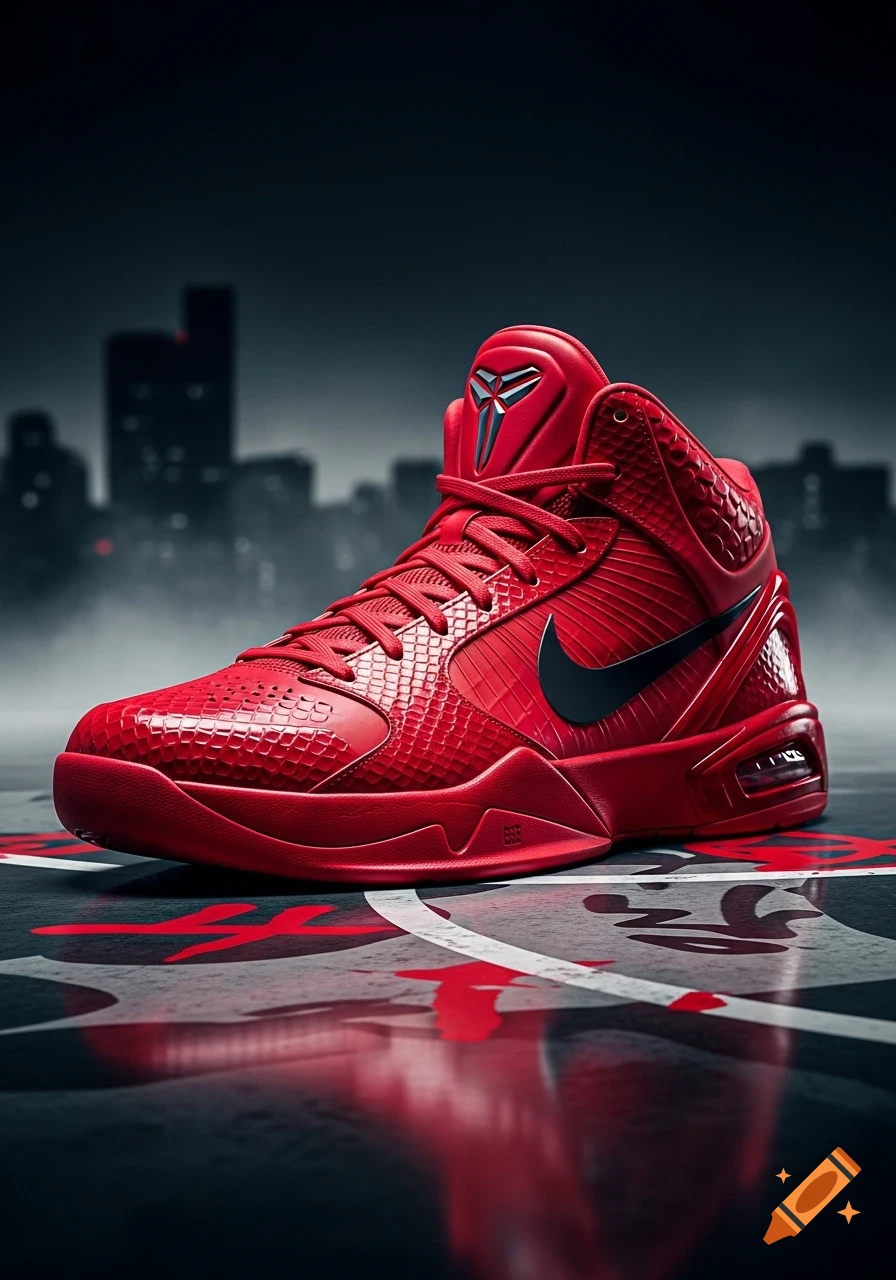 A vivid red basketball shoe with black accents and a textured upper rests on a court with a blurred cityscape background.