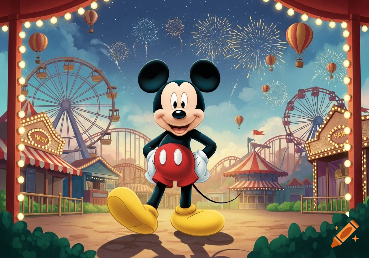 Mickey Mouse standing in front of a vibrant carnival with ferris wheels, roller coasters, hot air balloons, and fireworks at dusk.
