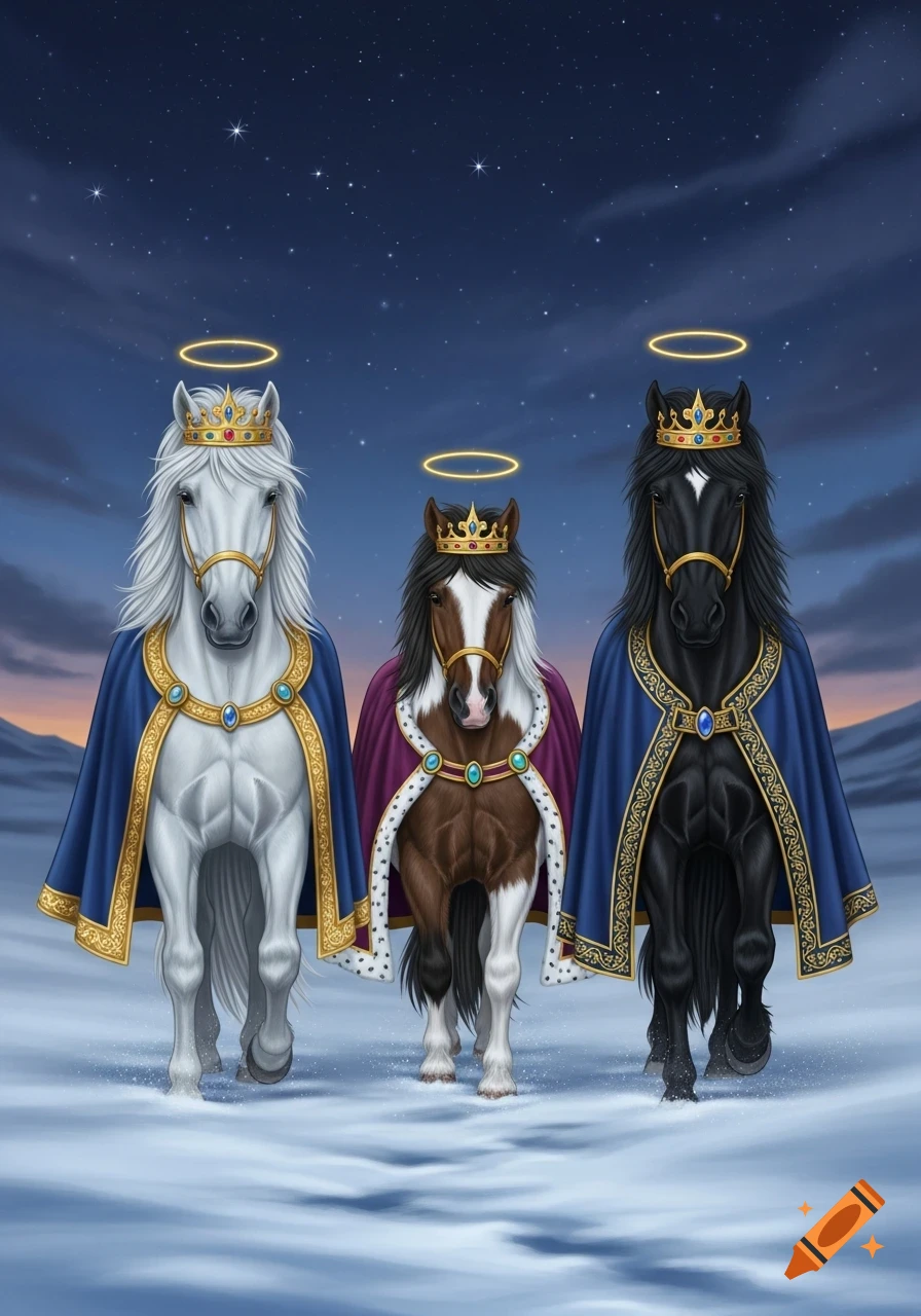 Three horses, white, pinto, and black, wear crowns and capes with halos, standing in a snowy field at night.