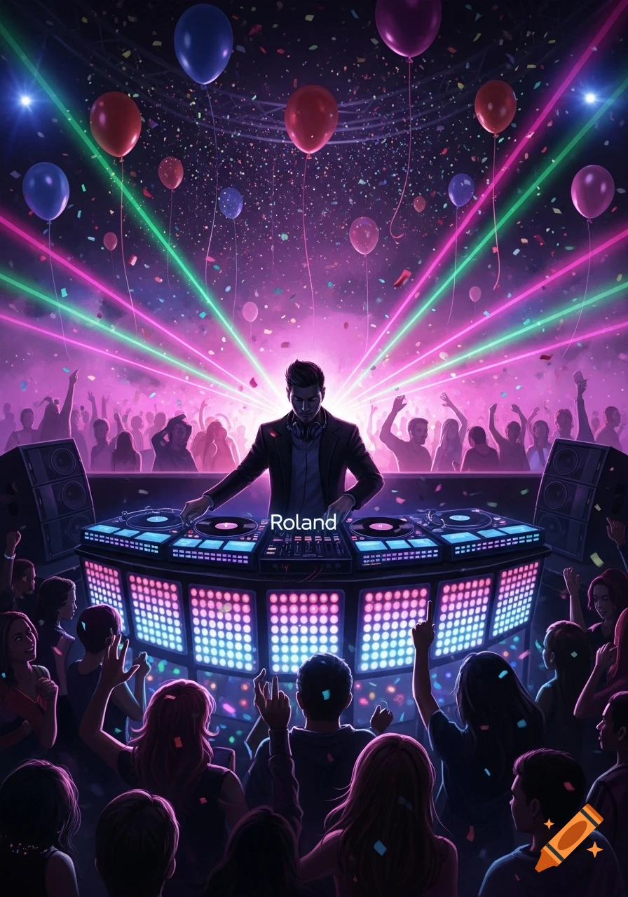 DJ Roland performs in a vibrant nightclub filled with a cheering crowd, lasers, balloons, and confetti.