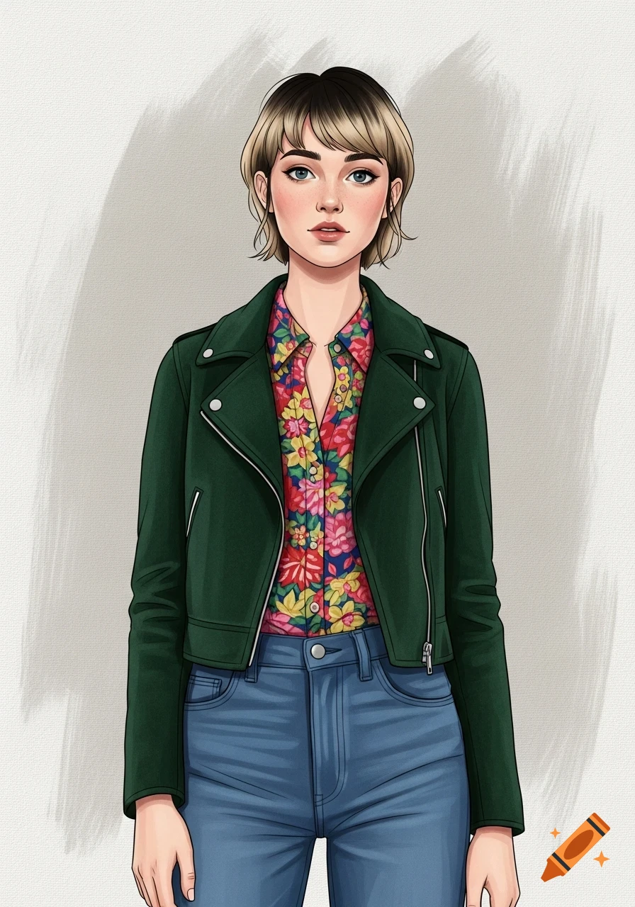 Illustration of a young woman with short blonde hair, wearing a green jacket, floral shirt, and jeans against a neutral background.