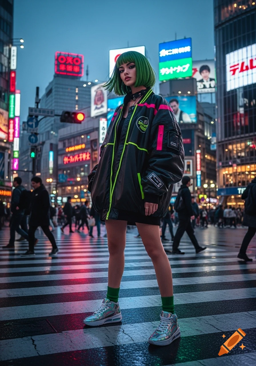 Young woman with green hair in a neon-accented jacket and sneakers poses on a wet city street crossing at night, surrounded by bright neon signs. Photorealistic.