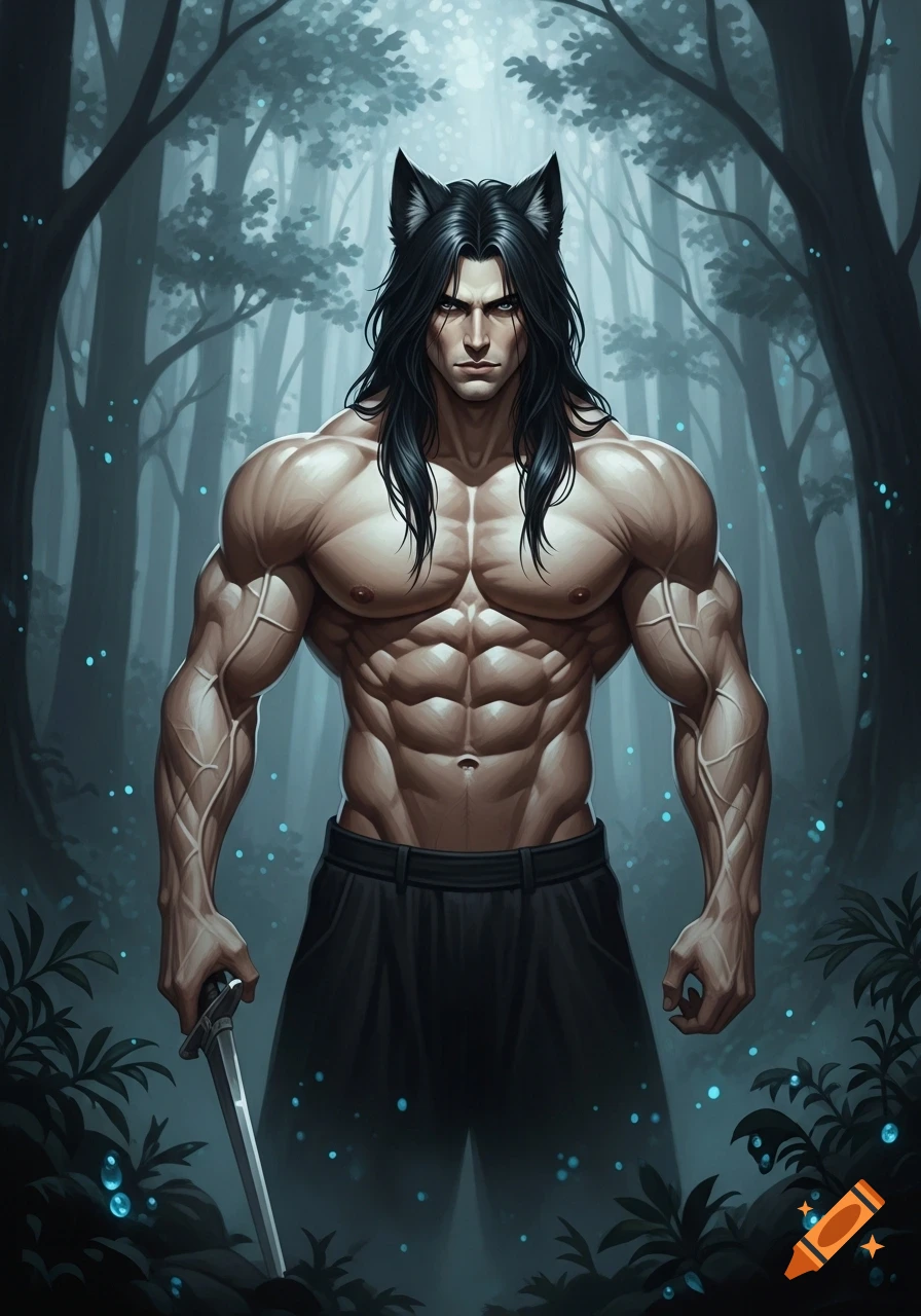 Muscular man with long black hair and wolf ears, shirtless, holding a sword in a dark, mystical forest.