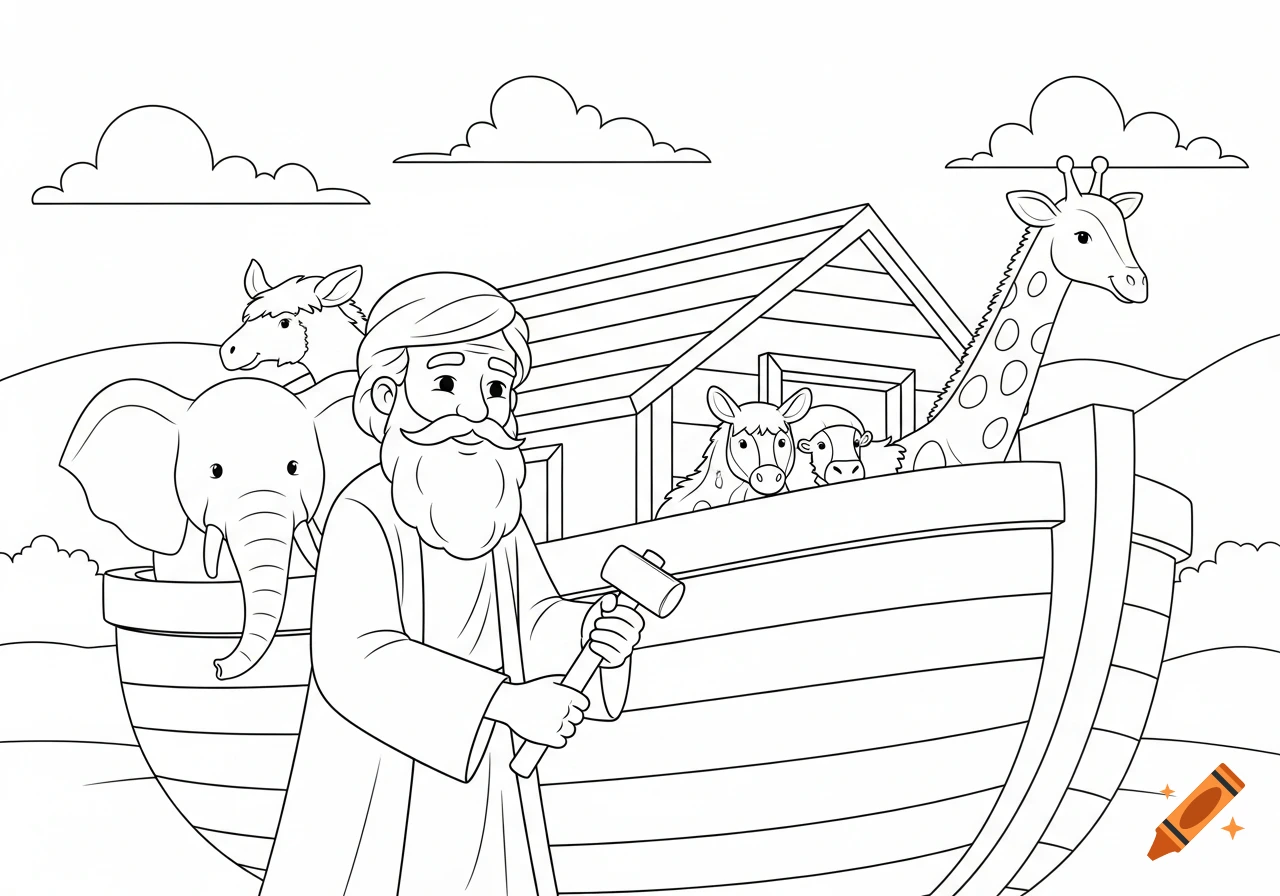 Line art coloring page of Noah holding a hammer, building an ark with an elephant, horse, cow, and giraffe on board.