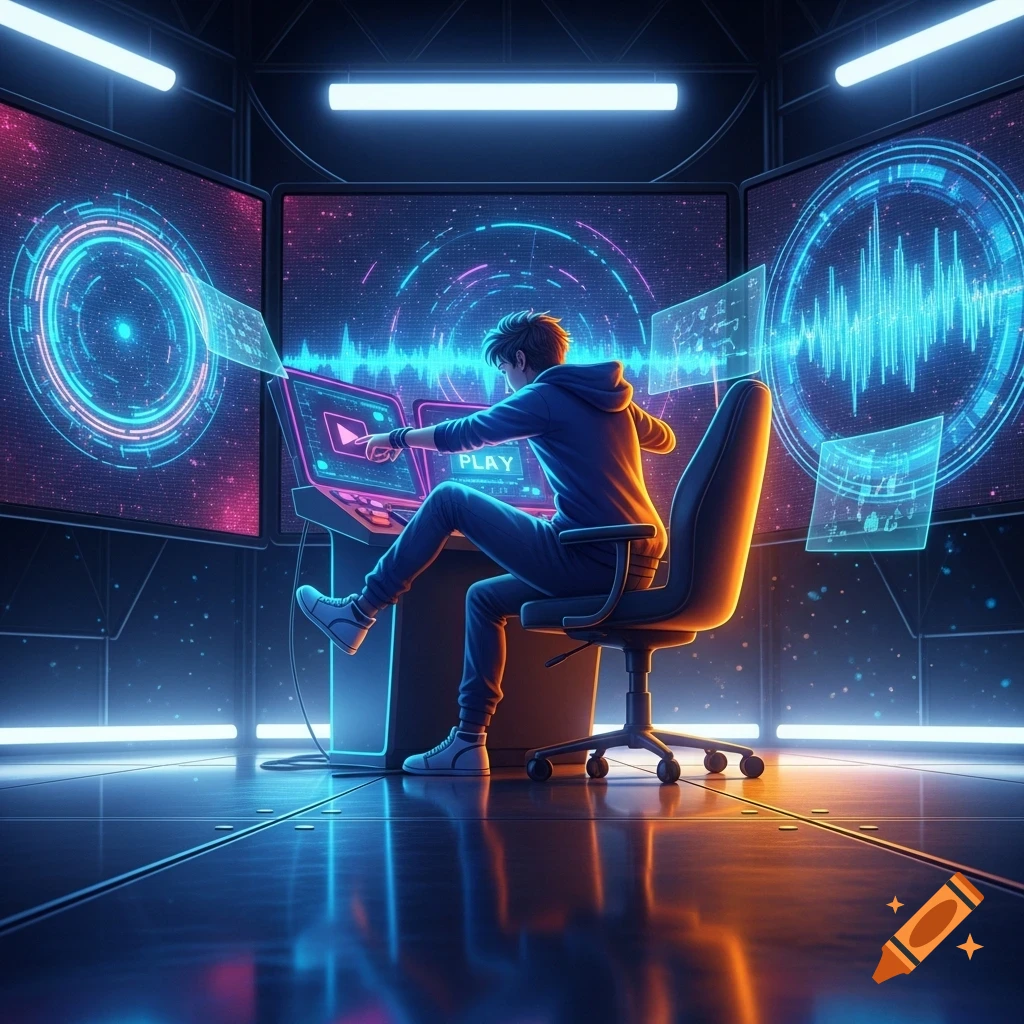 Anime boy in a futuristic control room with glowing screens and digital ...