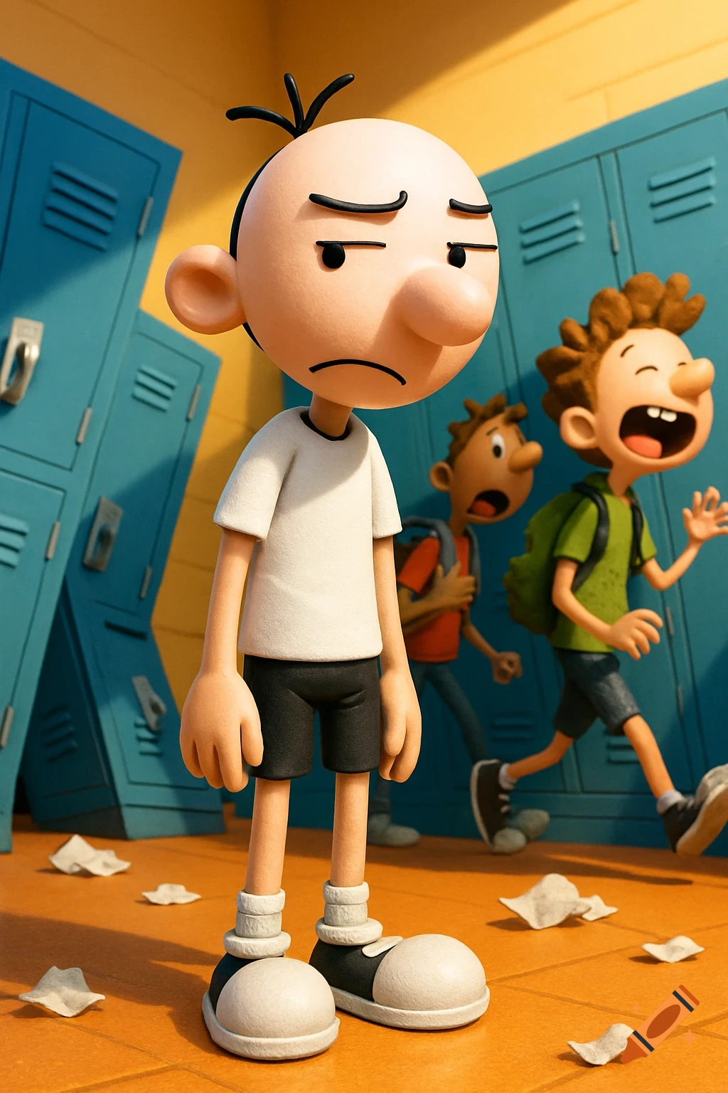 Sad Greg Heffley stands in a school hallway littered with paper, while other animated kids walk past.