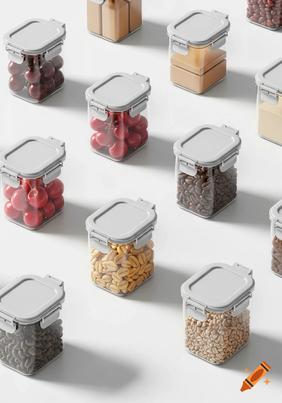 Photorealistic image of transparent square food containers with gray lids, filled with cherries, coffee beans, and peanuts, arranged on a white surface.