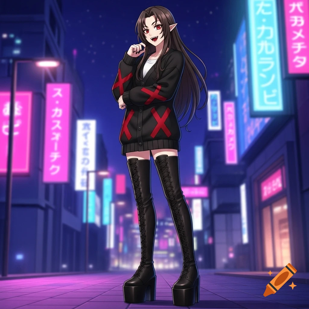 An anime-style vampire character with long dark hair, red eyes, fangs, wearing a black cardigan with red X's and thigh-high platform boots, on a neon-lit street.