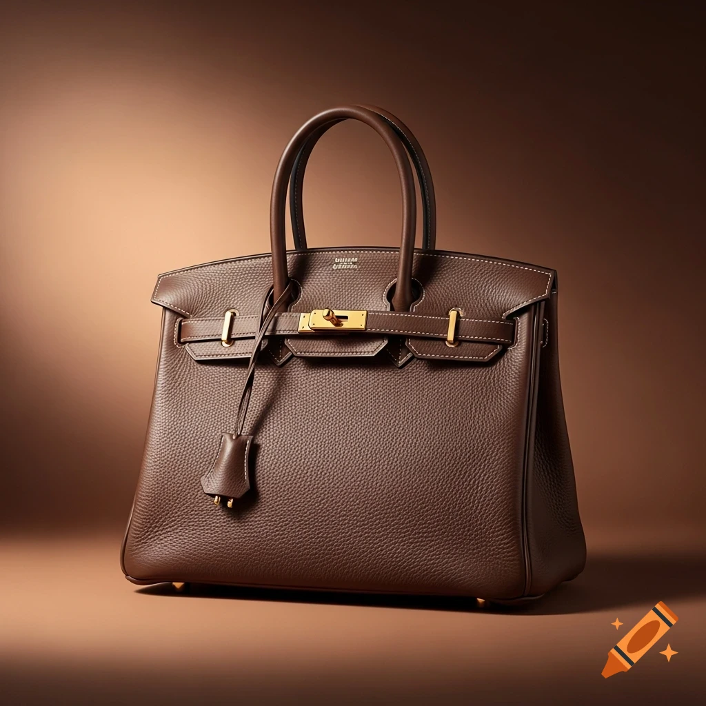 A luxurious dark brown leather Birkin bag with gold hardware against a warm brown gradient background, studio shot.