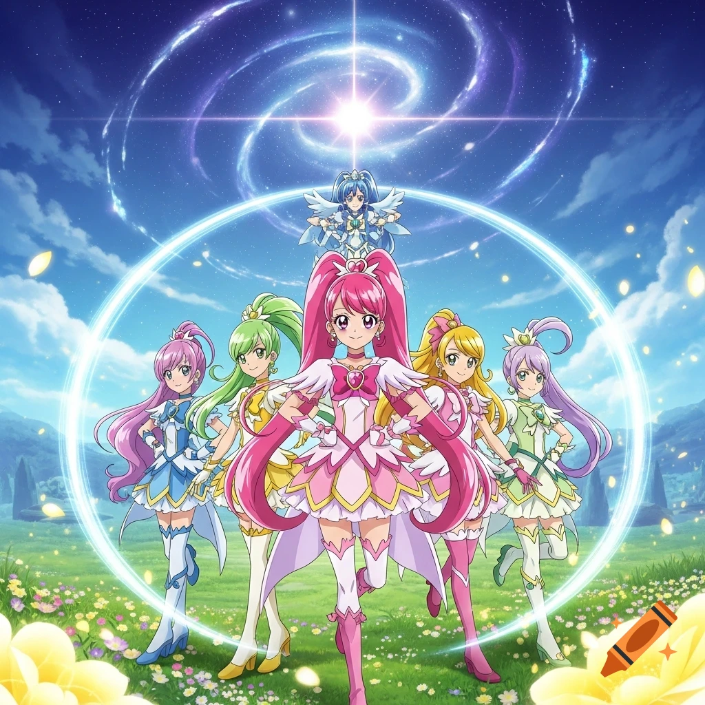 Five anime magical girls in colorful outfits stand in a vibrant green field under a blue sky with a cosmic spiral.