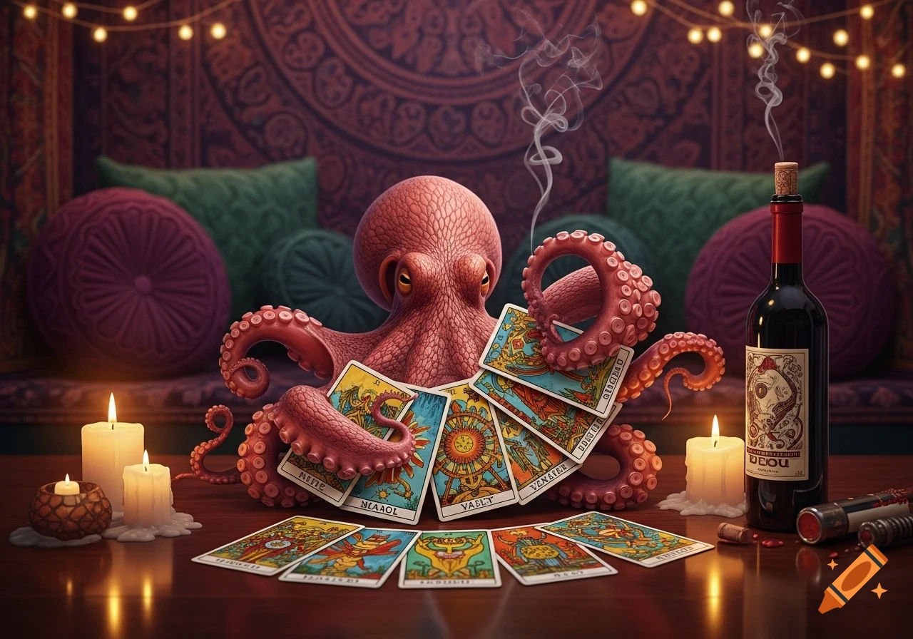 A photorealistic octopus with tarot cards, candles, and a wine bottle on a table with a spiritual background.