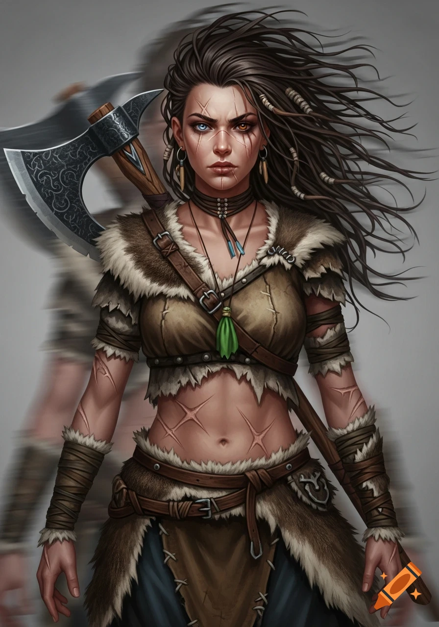 A fierce female warrior with heterochromatic eyes and battle scars ...